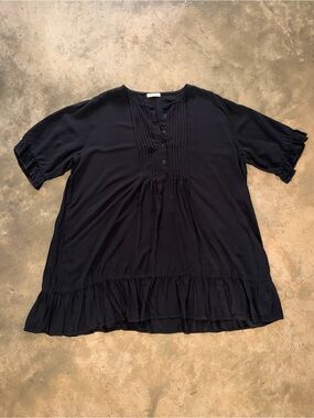 AIMAGE Black Pintuck Ruffle Hem Tunic Top XXL Boho Rayon Blouse